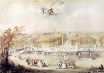Vue des jardins et du château de Versailles depuis la fontaine de Neptune